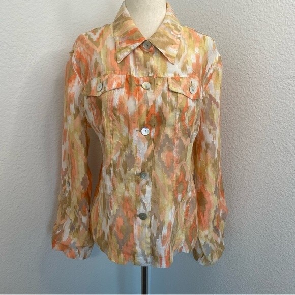 NWOT Sheer Peach Tan White Blouse Jkt Button Pocket Flattering Fit Ruby Rd SZ 12 - Picture 1 of 13